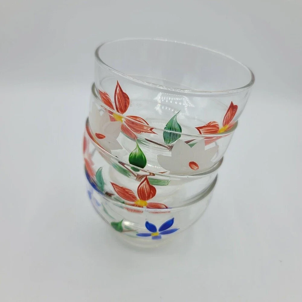 Hand Painted Clear Glass Sauce Floral Bowls Set Of 4